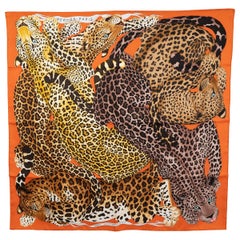 HERMES silk LAZY LEOPARDESSES 90 Scarf Potiron Brun Miel