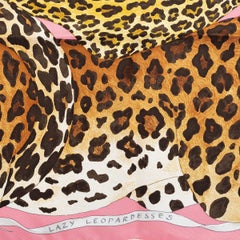 HERMES silk LAZY LEOPARDESSES 90 Scarf Rose Vif Anthracite Miel