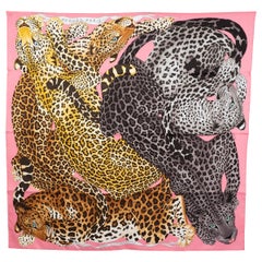 HERMES silk LAZY LEOPARDESSES 90 Scarf Rose Vif Anthracite Miel