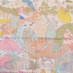 HERMES silk LE CARNAVAL DES ANIMAUX 90 Twill Scarf Bleu Pale Rose Beige