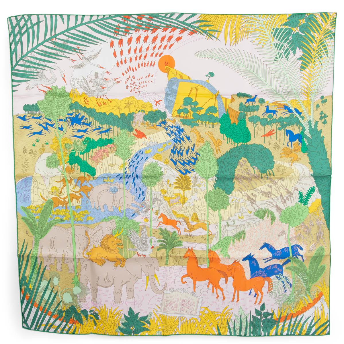 100% authentic Hermès Le Carnaval des Animaux 90 scarf by Thibaut Huchard in pale pink silk twill (100%) with contrasting green hem and details in yellow, orange, blue, khaki and taupe. Brand new with tag.

A river flows from the top of a hill,