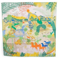 HERMES silk LE CARNAVAL DES ANIMAUX 90 Twill Scarf Rose Pale Vert Jaune