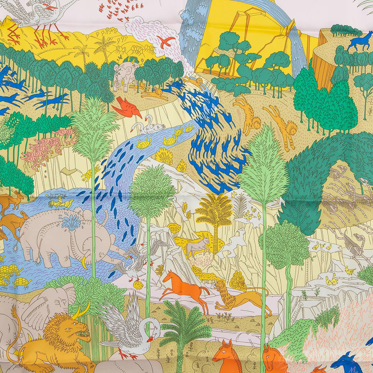 Beige HERMES silk LE CARNAVAL DES ANIMAUX 90 Twill Scarf Rose Pale Vert Jaune