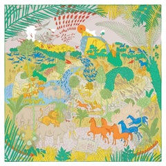 HERMES pañuelo de seda LE CARNAVAL DES ANIMAUX 90 Twill Rose Pale Vert Jaune