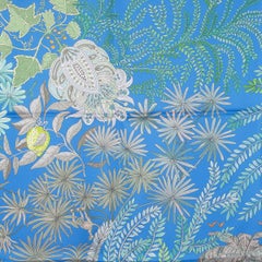 HERMES silk LE JARDIN DS PEINTRES 90 Double Face Scarf Azur Vert Jaune