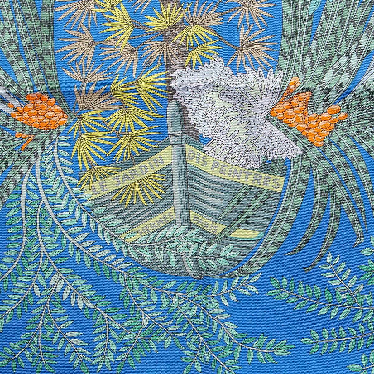 HERMES silk LE JARDIN DS PEINTRES 90 Double Face Scarf Azur Vert Jaune In New Condition For Sale In Zürich, CH