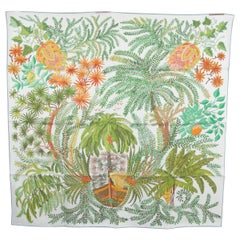 HERMES silk LE JARDIN DS PEINTRES 90 Double Face Scarf Blanc Vert Orange
