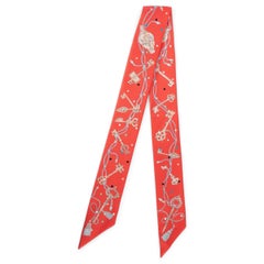 HERMES silk LES CLES A POIS Twilly Scarf Grenadine Beige Multicolor