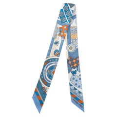 HERMES silk LES MURMURES DE LA FORET Twilly Scarf Bleu Jean Orange Creme