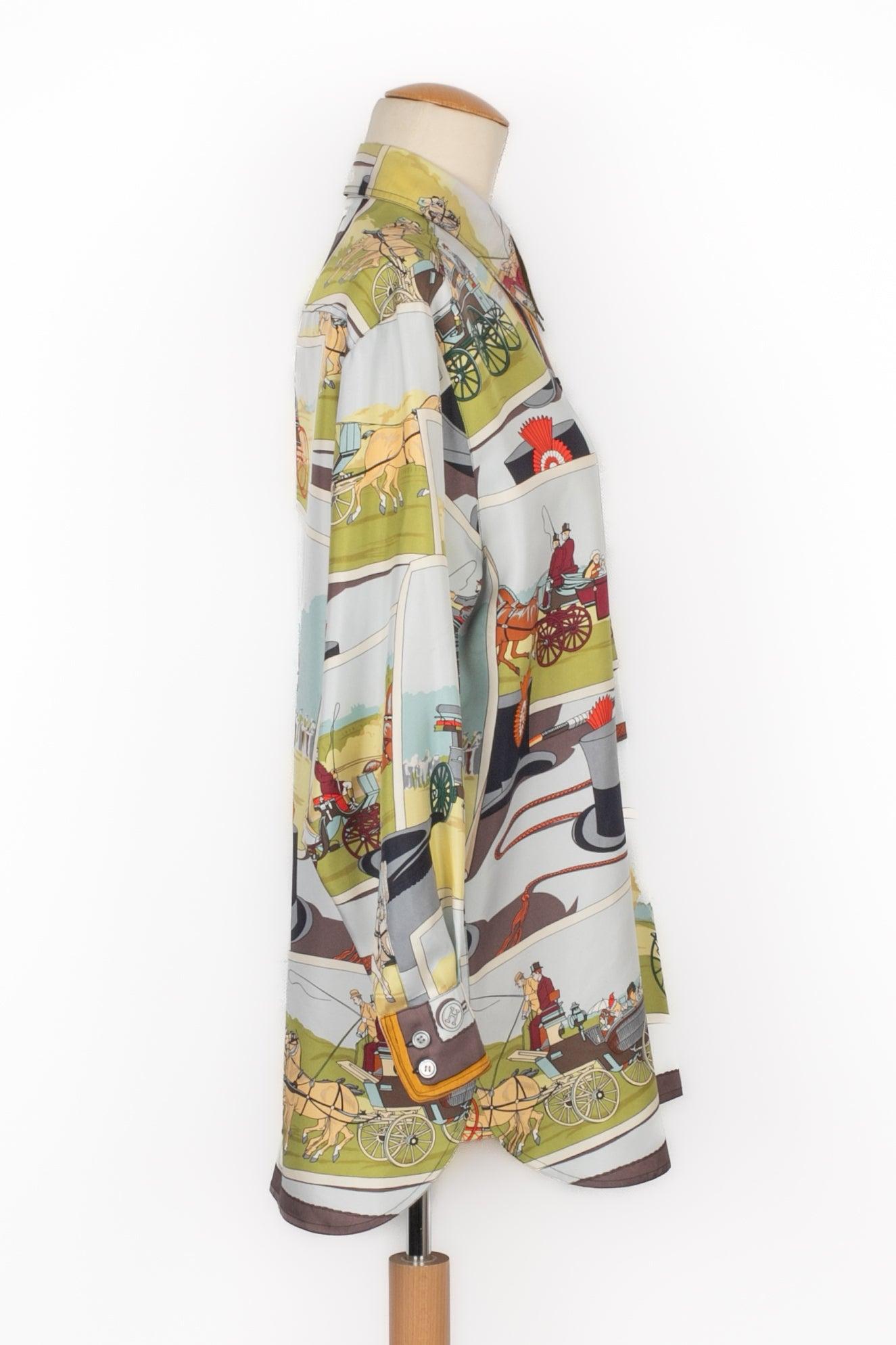 Hermès - (Made in France) Silk long-sleeved shirt illustrated with the 'Attelages' ('harness') theme designed by Hugo Grygkar. To be mentioned, some traces on the collar.

Additional information:
Condition: Good condition
Dimensions: Shoulder width:
