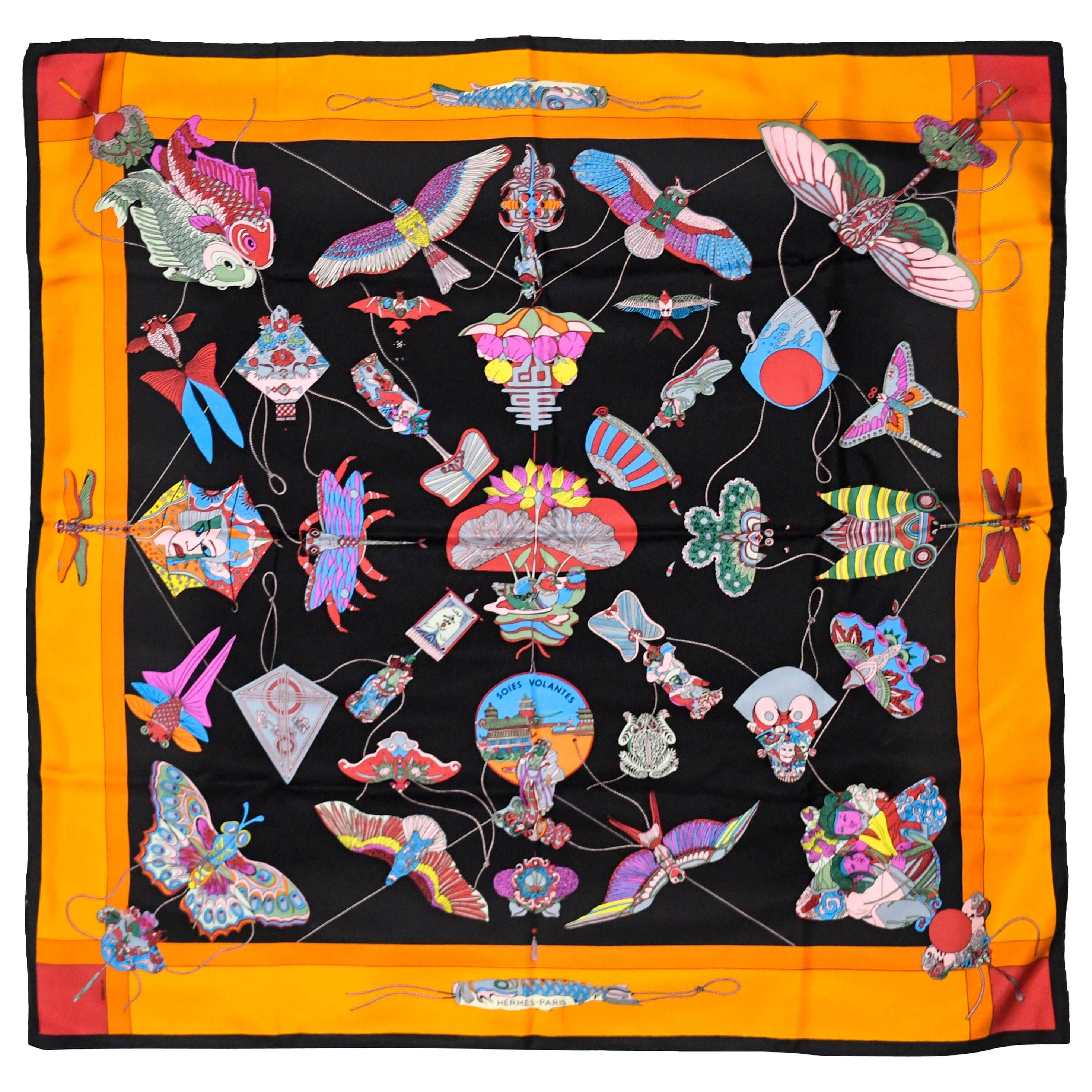 Hermes Silk Multicolor Soies Volantes Scarf  W/ Decorative Chinese Kites