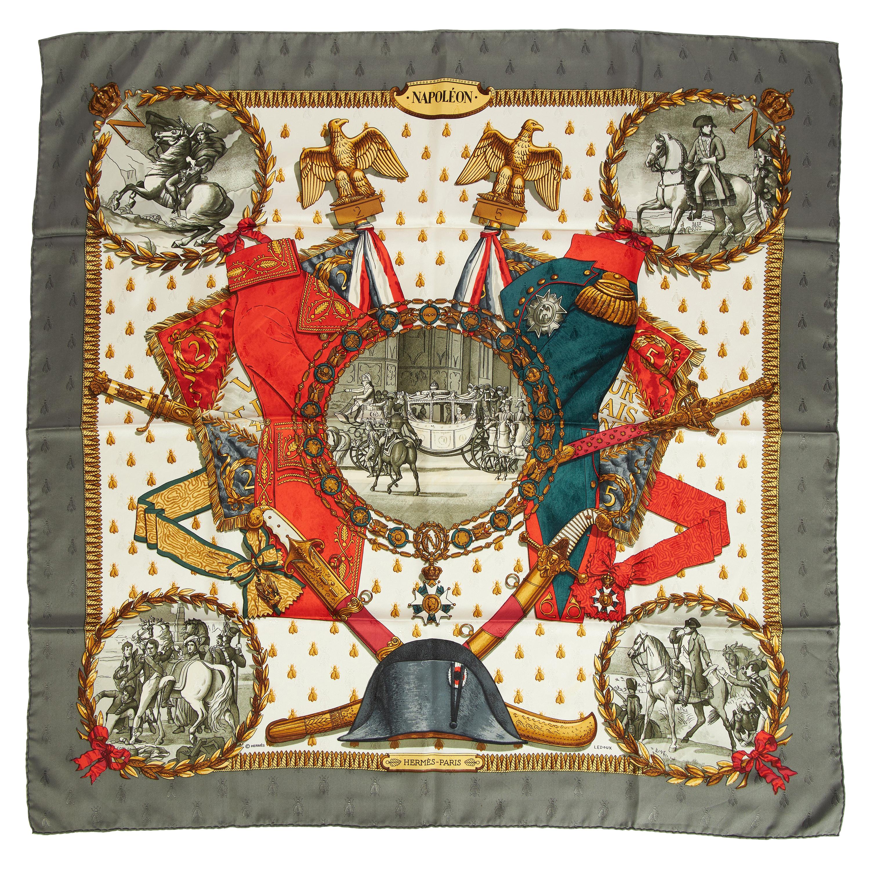 Hermes Silk Napoleon Gray Gold Scarf For Sale