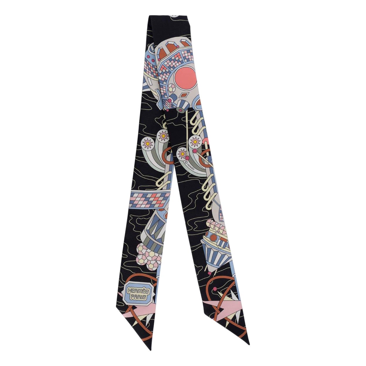 HERMES soie ODYSSEY Foulard Twilly Noir Bleu Ciel Rose Multicolor en vente