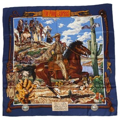 Hermes Silk Pony Express Navy Blue Celeste Scarf