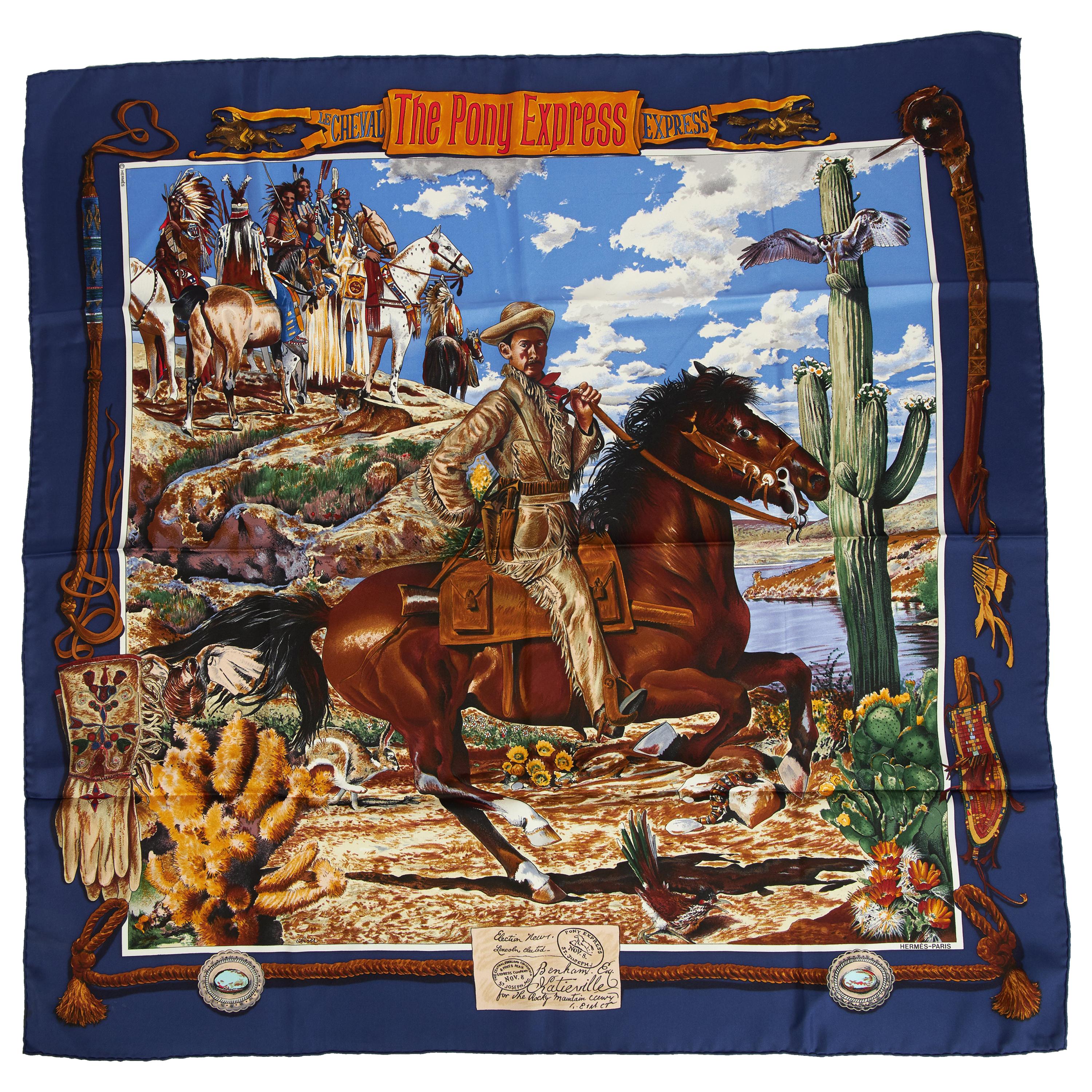 Hermes Silk Pony Express Navy Blue Celeste Scarf For Sale