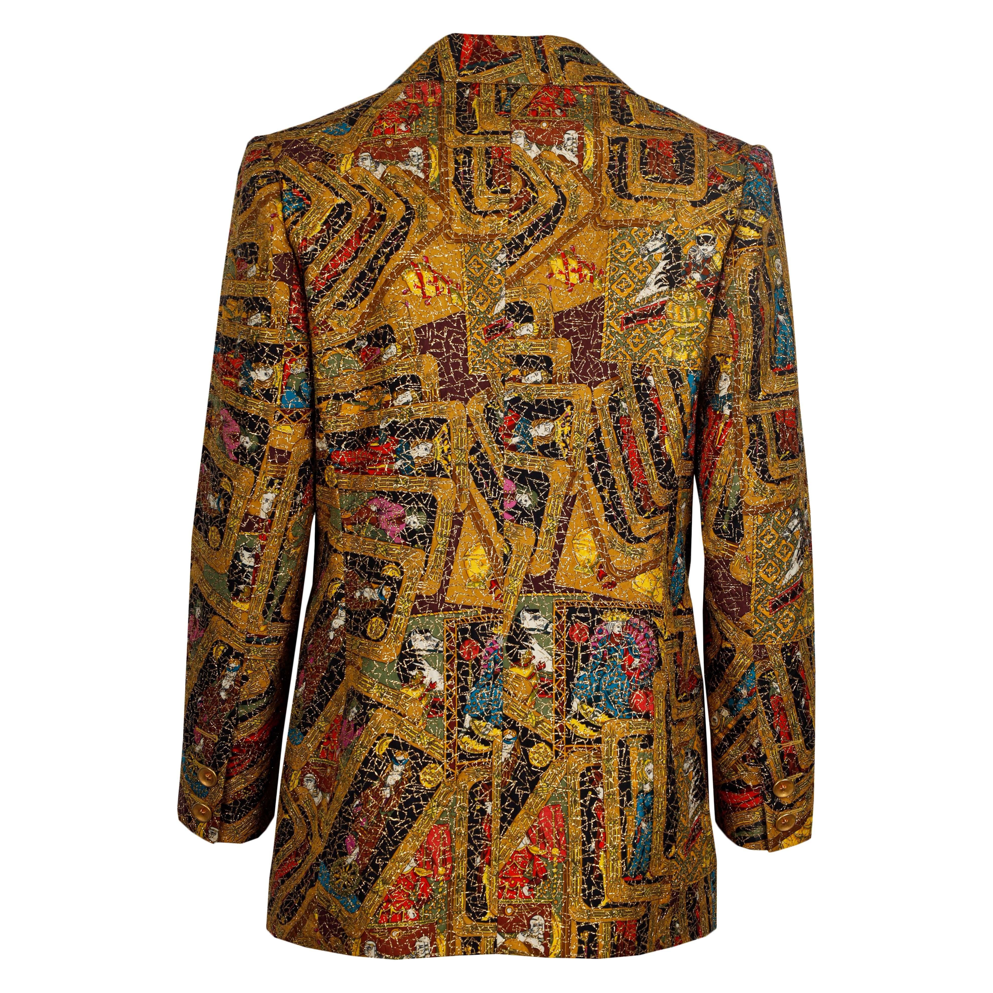 Merging unique metallic embroidery with printed silk, the Hermès Silk Printed Jacket with Metallic Embroidery showcases tarot cards laid over each other. Crafted in France, this piece is made with 100% silk, giving it a light feel.

NFT option