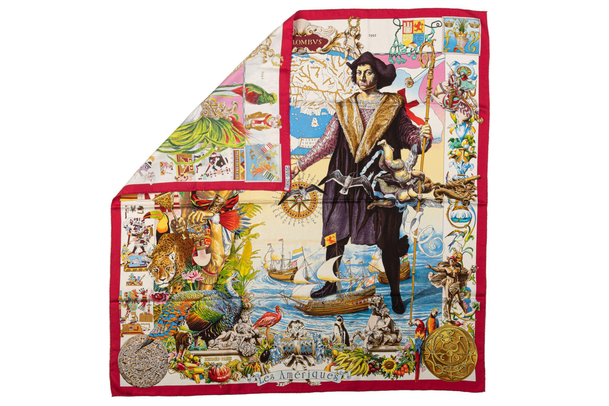 Foulard rouge Columbus en sergé 100% soie Hermès par le créateur convoité, Oliver. Bords roulés à la main. Ne comprend pas la boîte.
