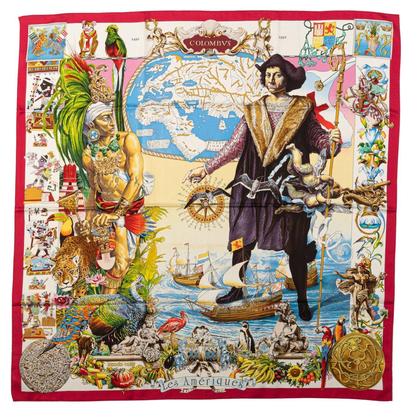 Hermes Silk Rare Colombus Red Scarf For Sale