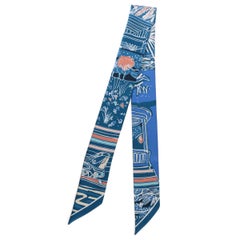 HERMES silk RAYURES D'ETE Twilly Scarf Bleu Rose Blanc