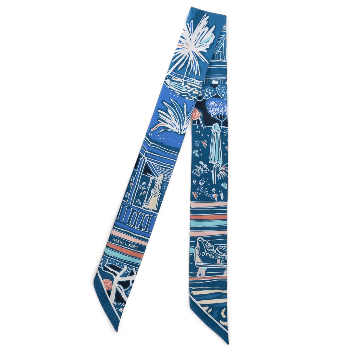 HERMES silk RAYURES D'ETE Twilly Scarf Bleu Rose Blanc For Sale