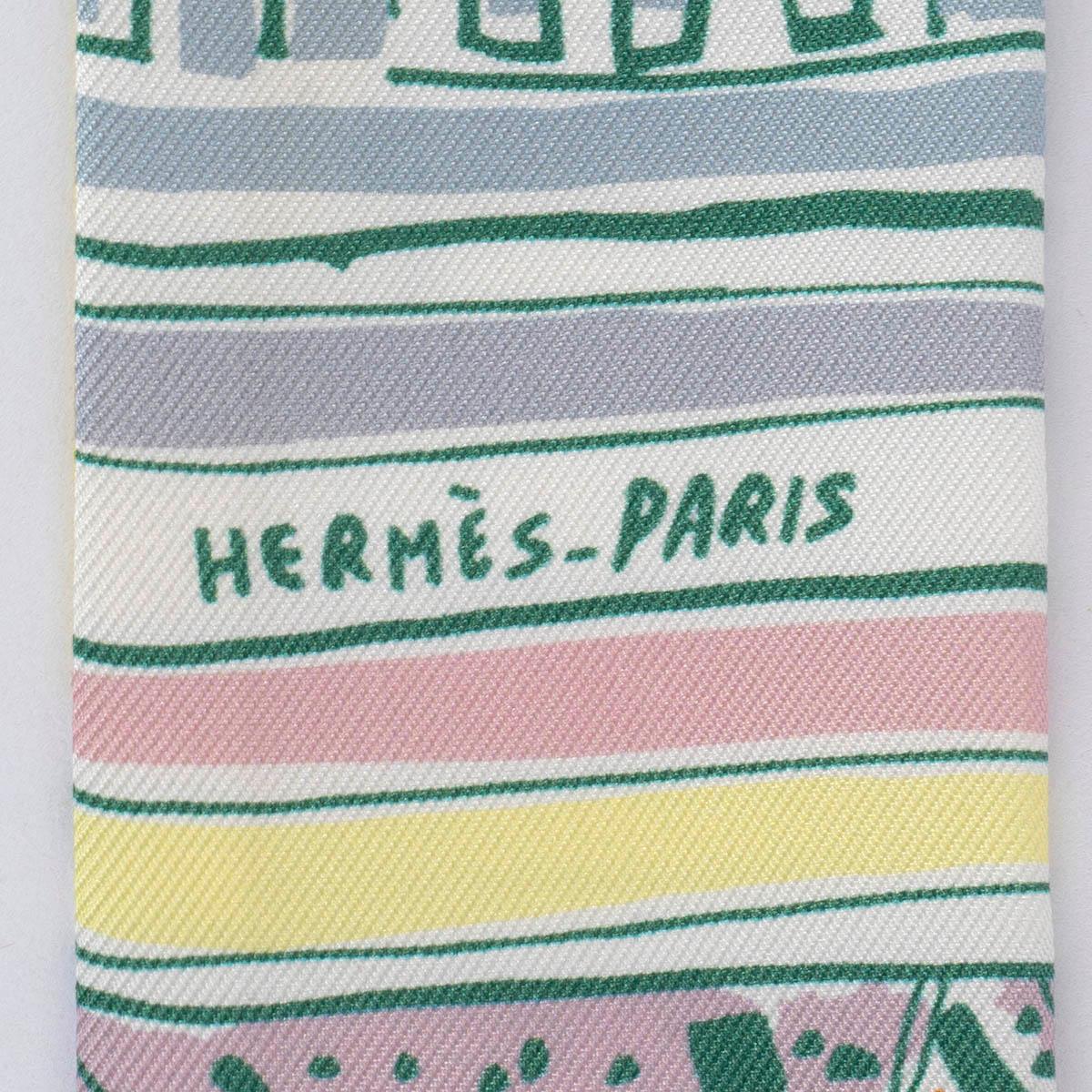 HERMES silk RAYURES D'ETE Twilly Scarf Jaune Vif Ciel Vert In Excellent Condition For Sale In Zürich, CH