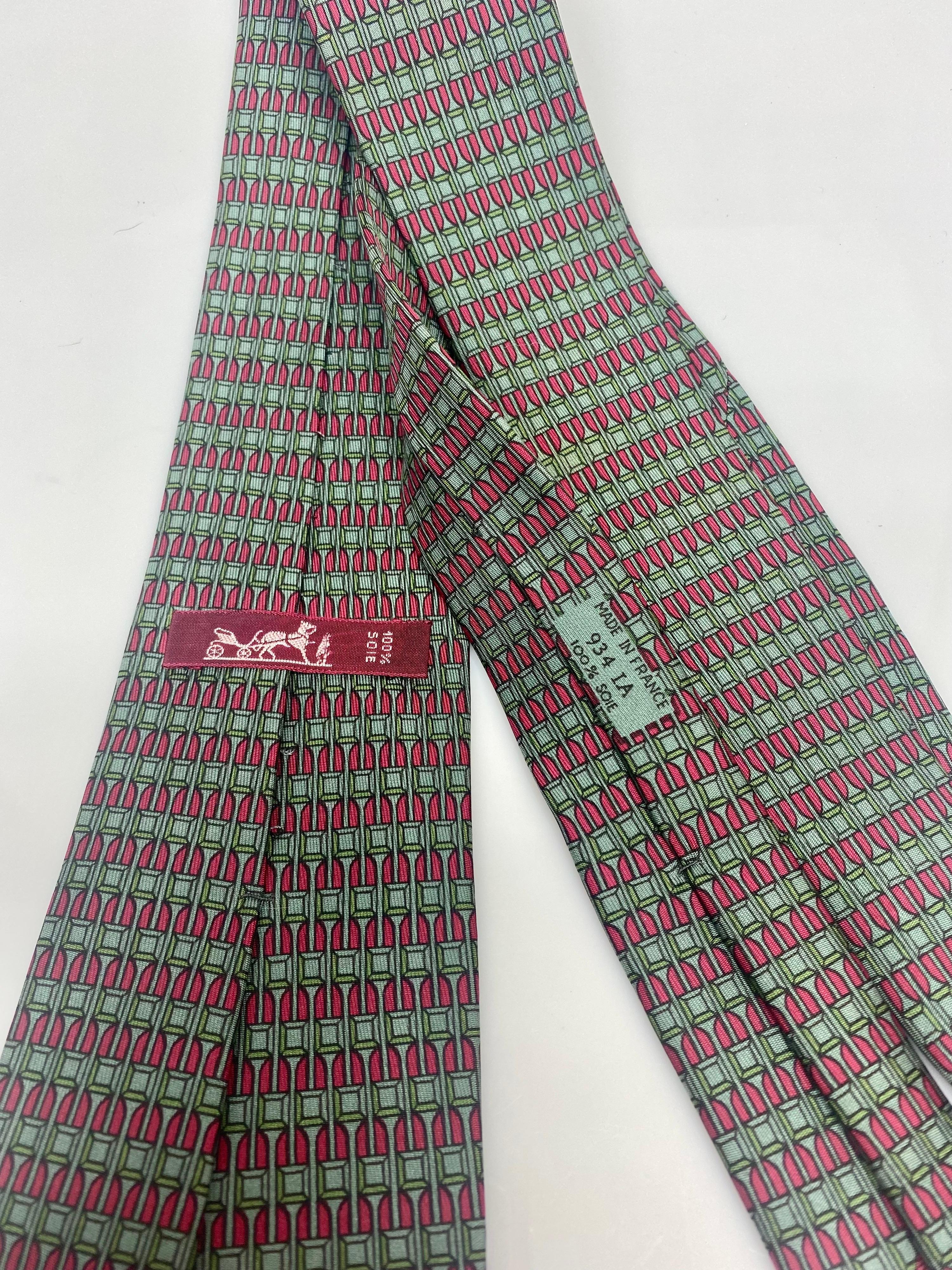 Men's Hermes Silk Red and Green Square Print Tie  For Sale