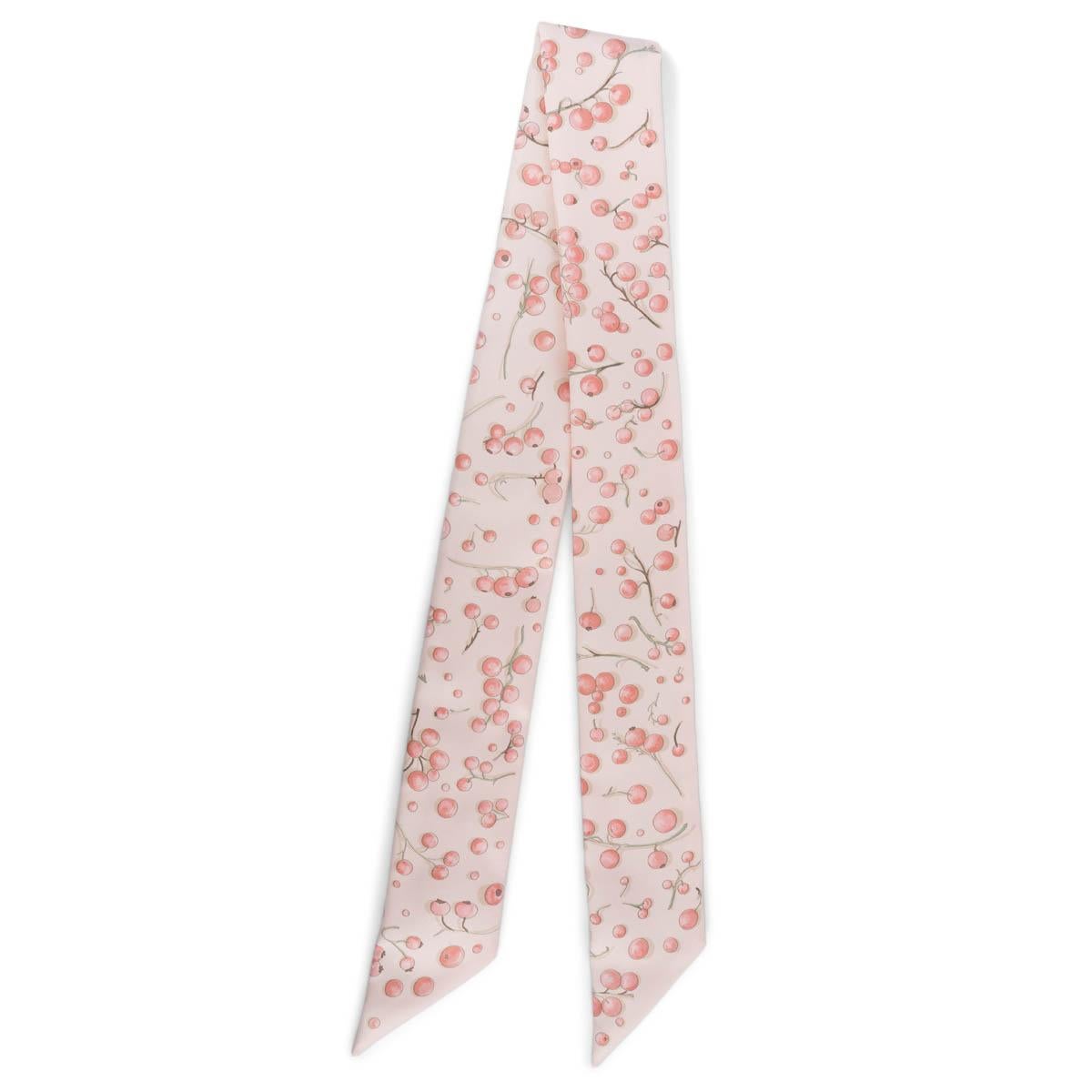 HERMES silk RED BERRIES Twilly Scarf Scarf Pale Pink In Excellent Condition In Zürich, CH