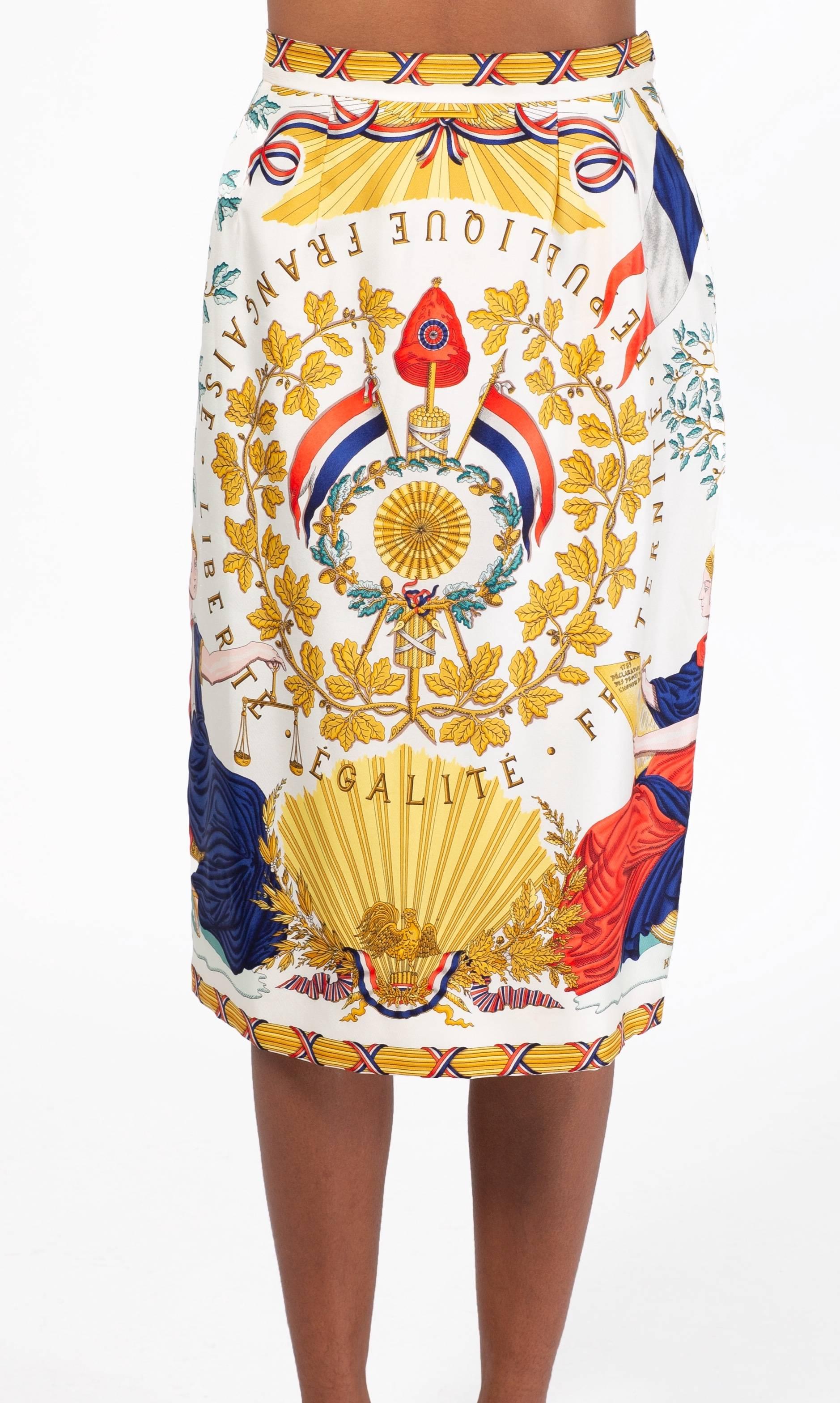 Beige Hermès Silk Republique Liberte Egalite Fraternite Vintage Scarf Print Skirt