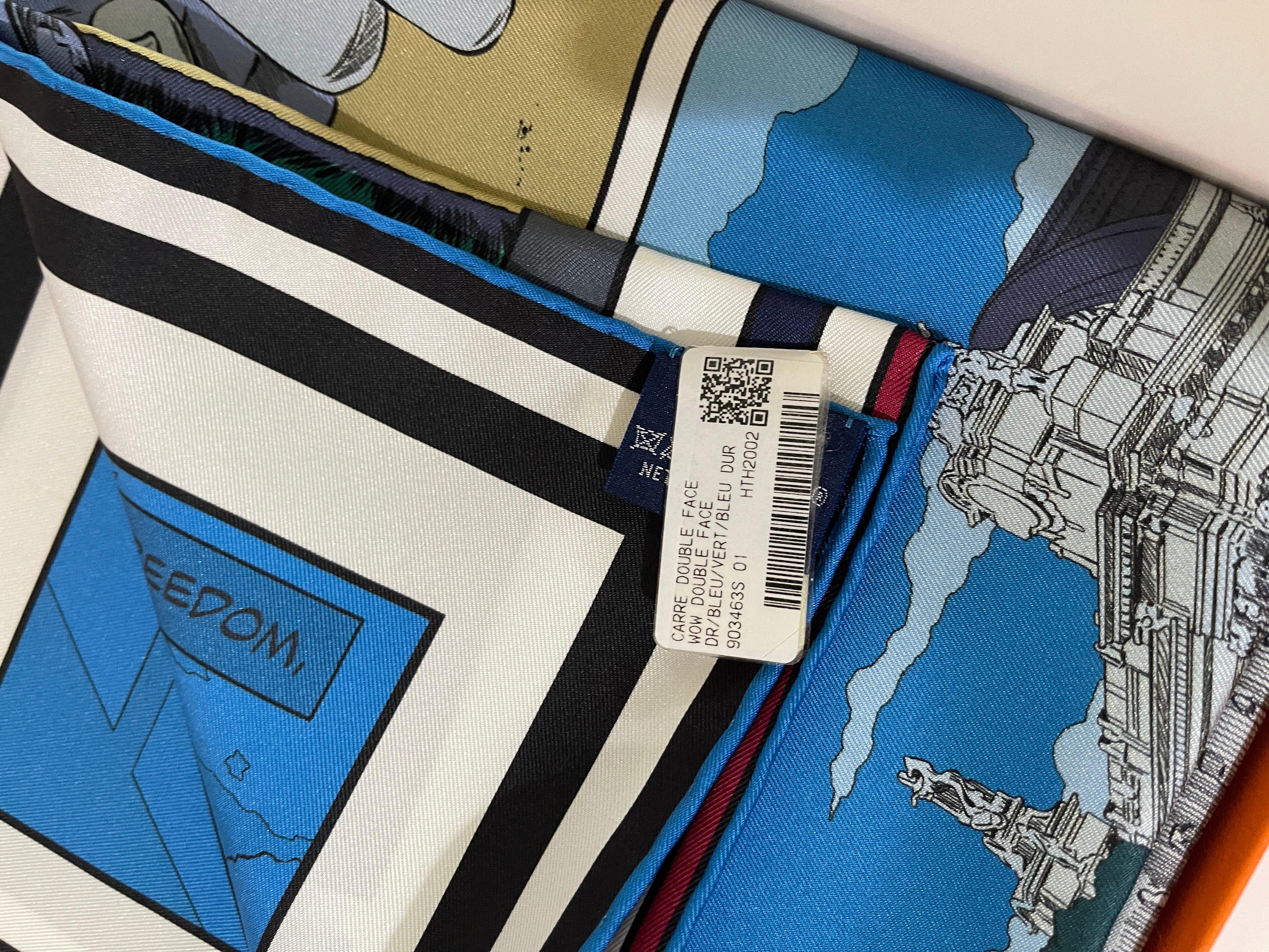 Hermes Silk REVERSIBLE 90cm Scarf Wow Double Face Blue Comic 4