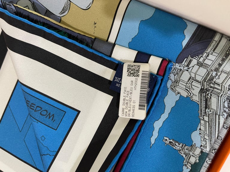 Hermes Silk REVERSIBLE 90cm Scarf Wow Double Face Blue Comic For Sale at  1stDibs