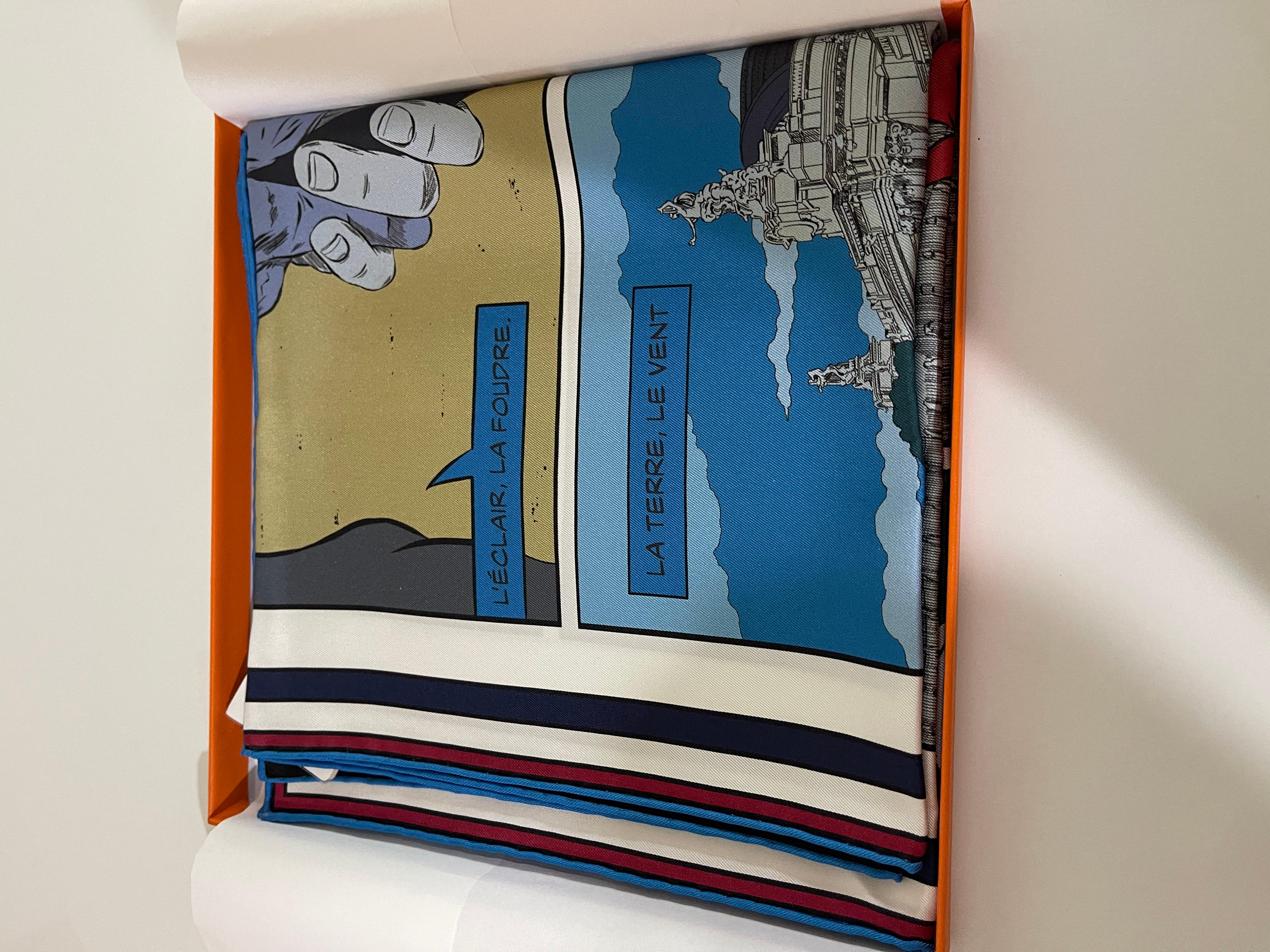 Hermes Silk REVERSIBLE 90cm Scarf Wow Double Face Blue Comic 5