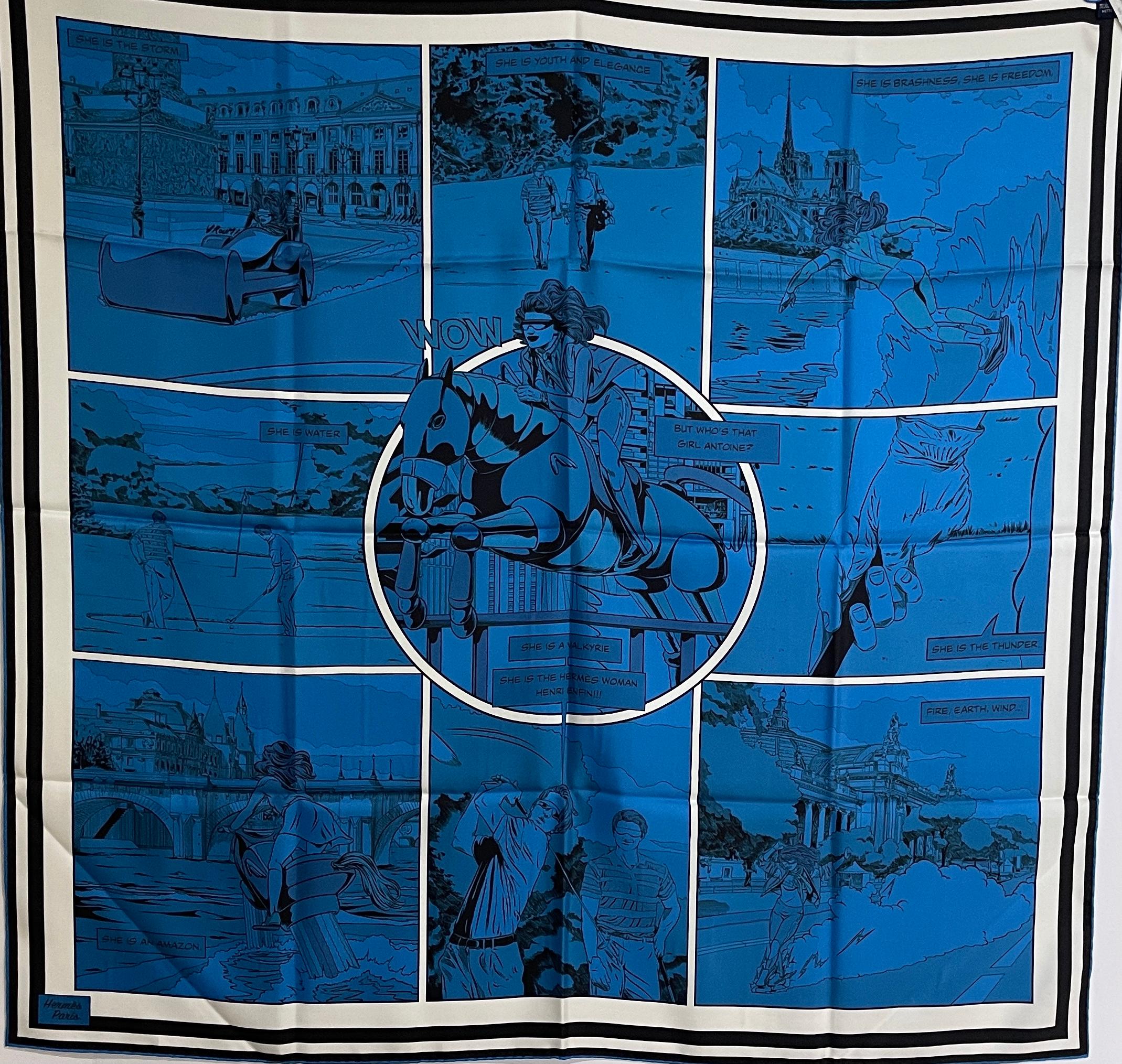 Hermes Silk REVERSIBLE 90cm Scarf Wow Double Face Blue Comic  1