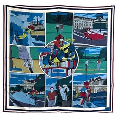 Hermes Silk REVERSIBLE 90cm Scarf Wow Double Face Blue Comic 