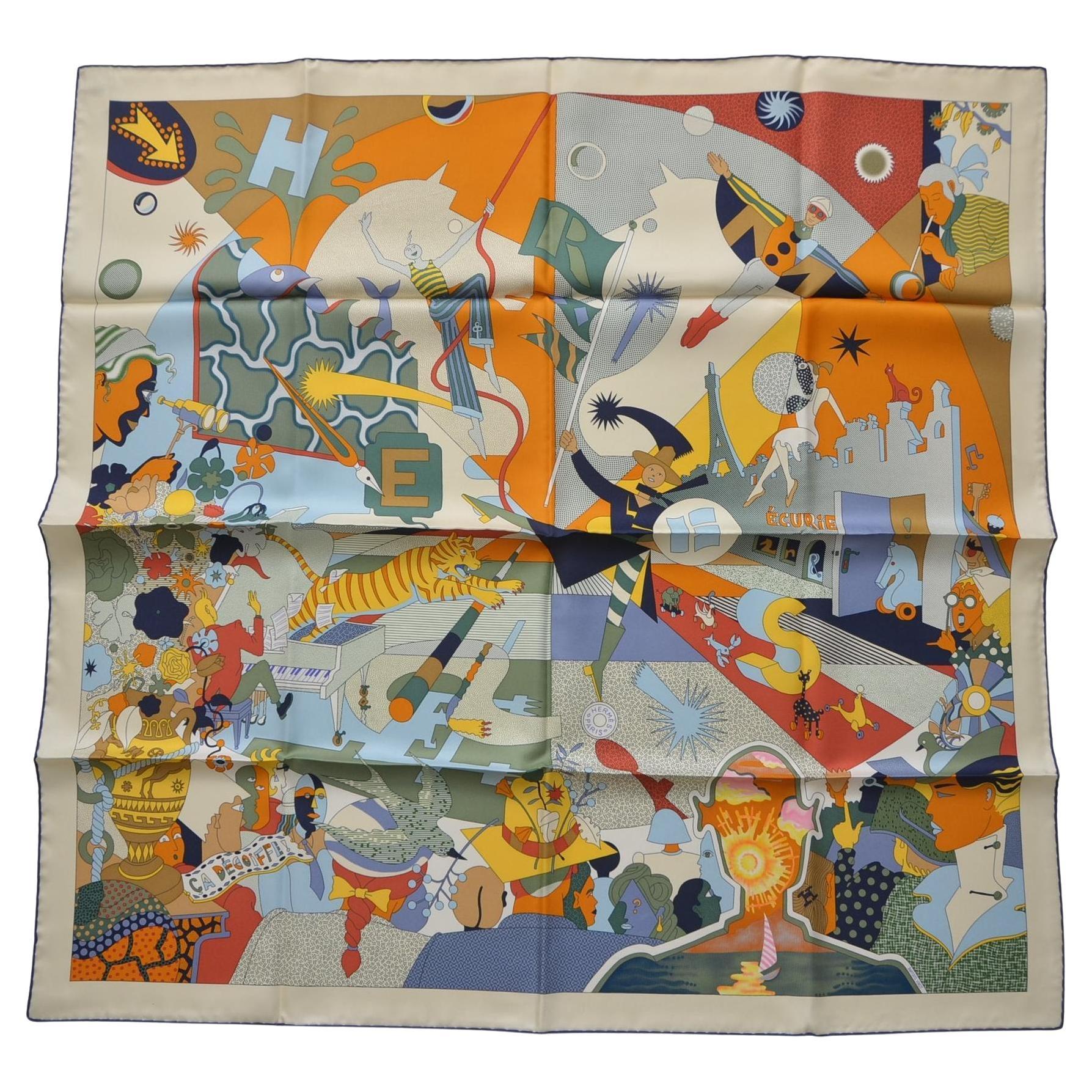 Echarpe en soie Hermes 90CM CA DECOIFFE CV/MARINE/CREME/VERT   NEW