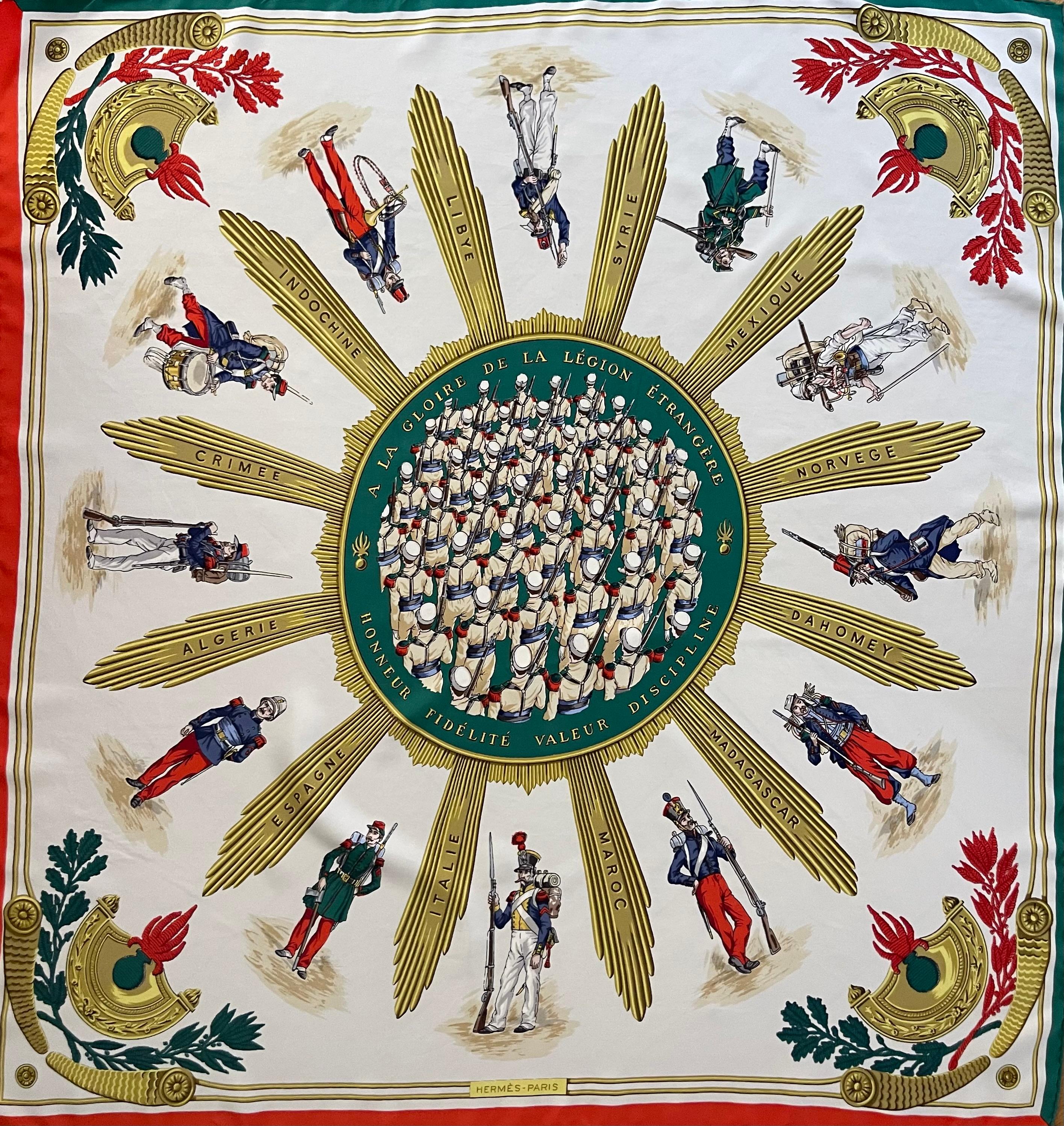 Hermès Silk Scarf «  À La Gloire De La Légion Étrangère » 1951. This beautiful scarf was designed by Hugo Grykar in 1951, it is now considered a collectible and is really sought after among collectors and brands enthusiasts. Please note this item is