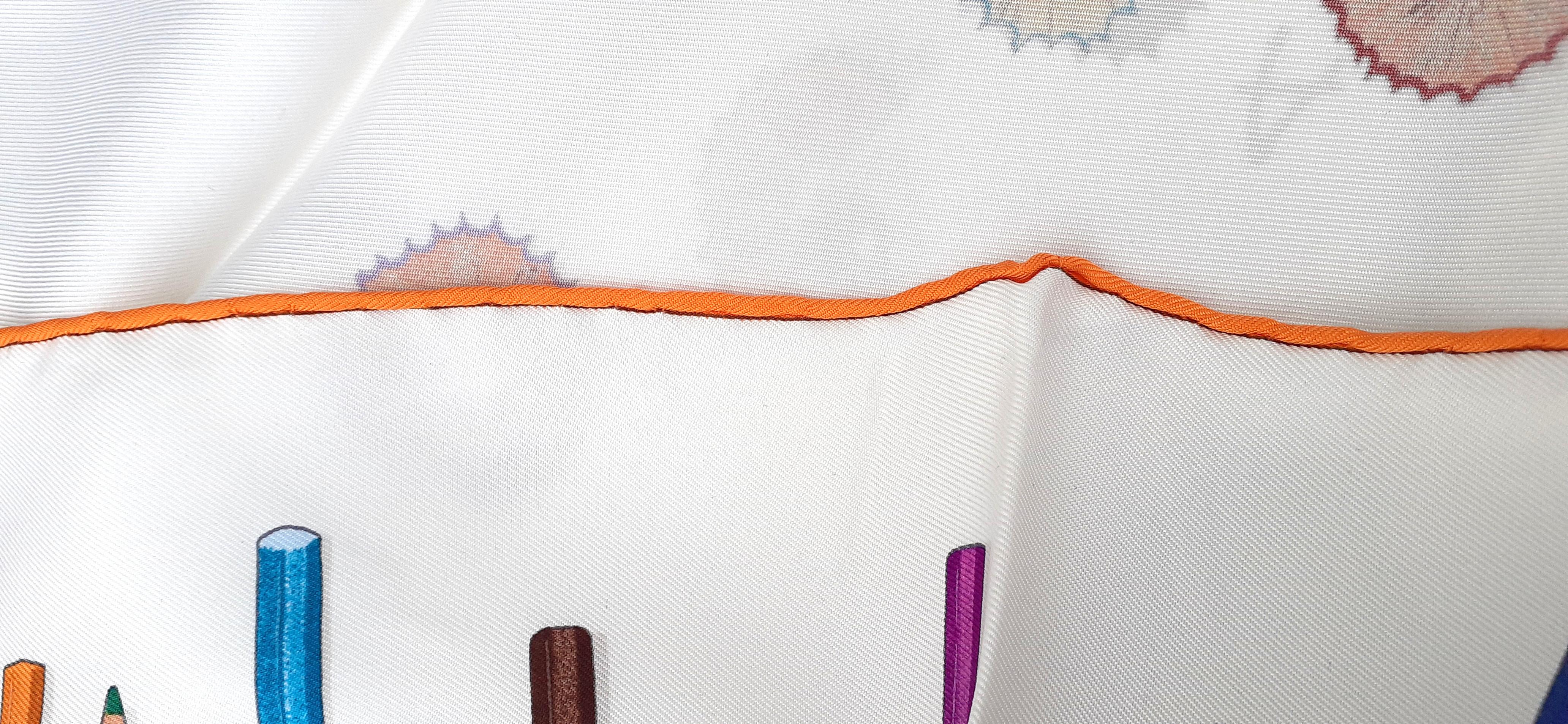 Hermès Silk Scarf A Vos Crayons ! P. Cooke White Orange 90 cm 7