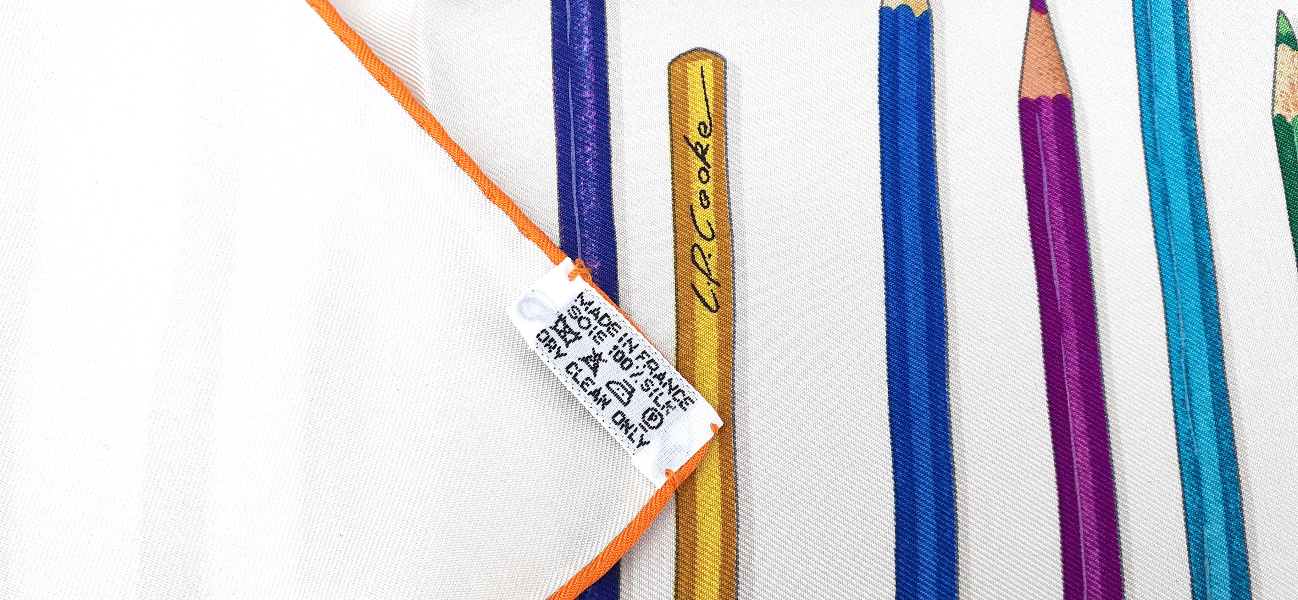 Hermès Silk Scarf A Vos Crayons ! P. Cooke White Orange 90 cm 4