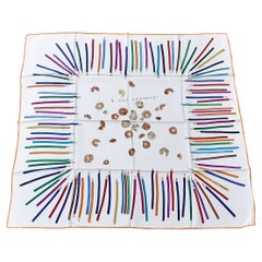 Hermès Silk Scarf A Vos Crayons ! P. Cooke White Orange 90 cm