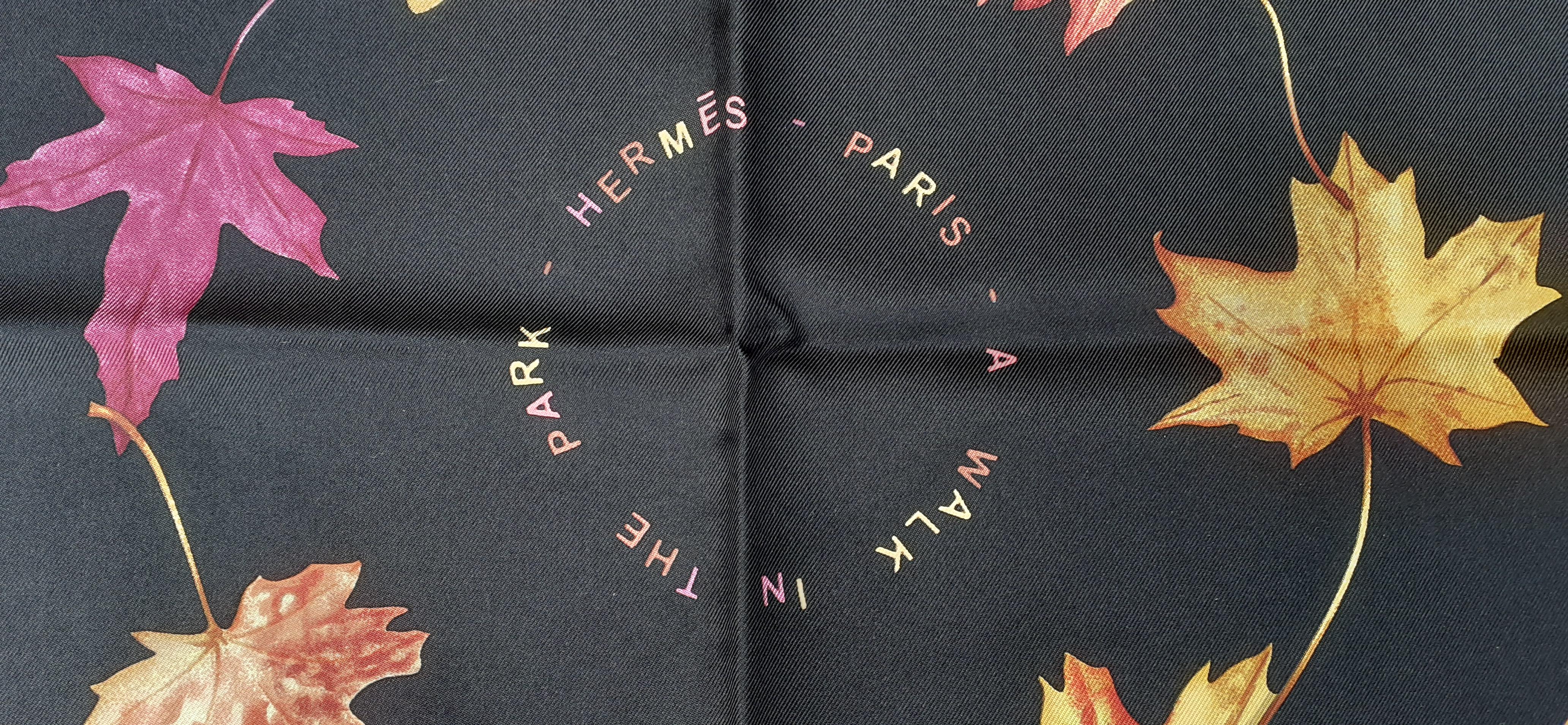 Hermès Silk Scarf A Walk In the Park Leigh P Cooke Leaves Black 90 cm  For Sale 12