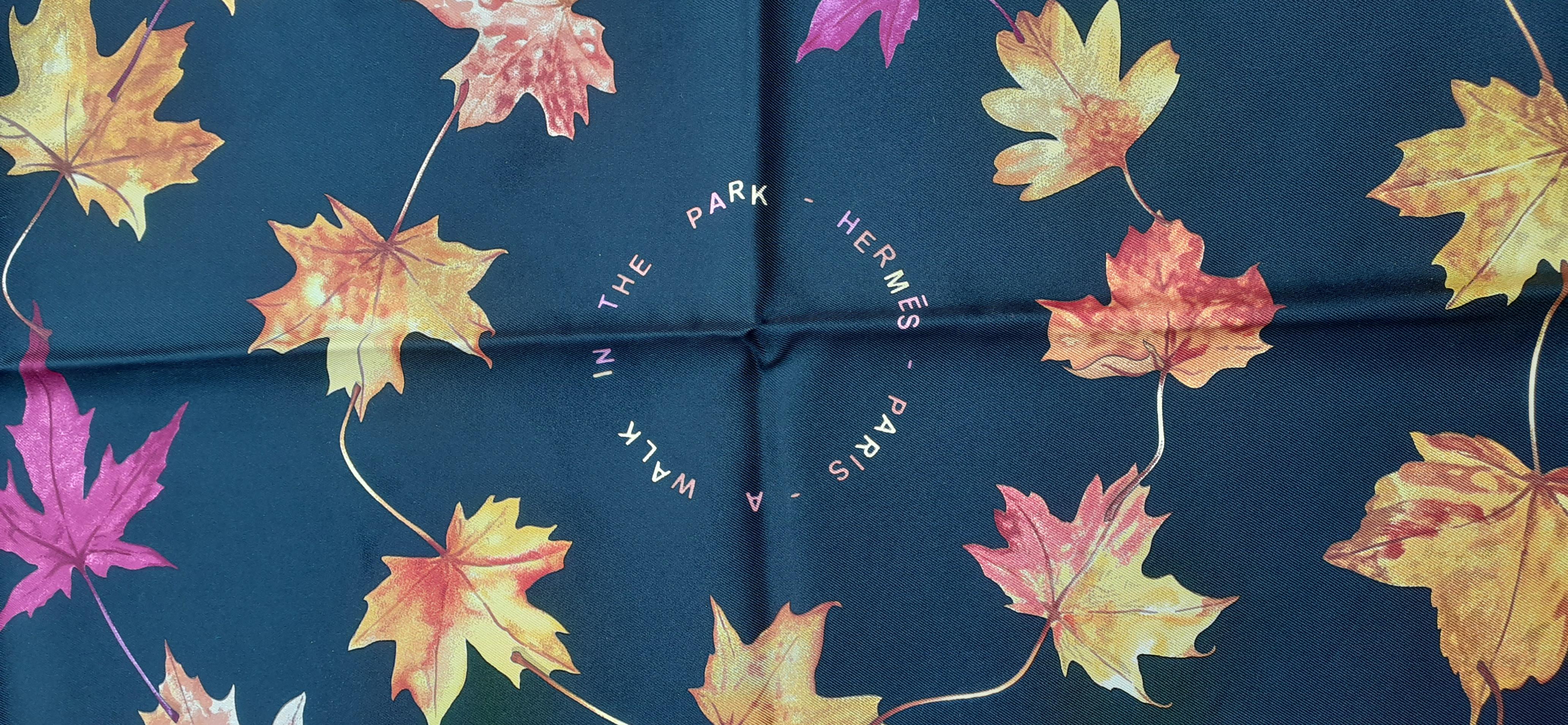 Hermès Silk Scarf A Walk In the Park Leigh P Cooke Leaves Black 90 cm  For Sale 4