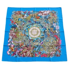 Hermès Silk Scarf Au Coeur de la Vie Aline Honoré Turquoise Blue 35'