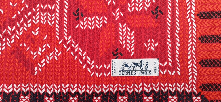 Women's Hermès Silk Scarf Au Coin du Feu Rybaltchenko Red 90 cm For Sale