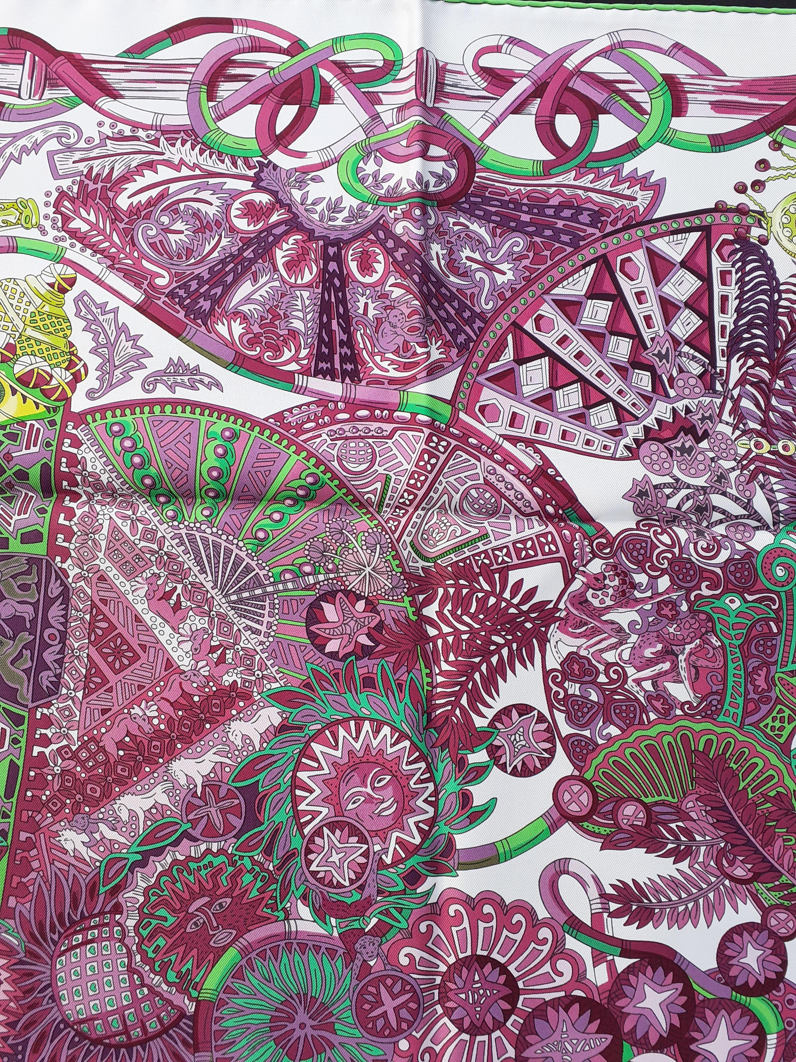 Hermès Silk Scarf Au Fil du Carré Annie Faivre White Purple Green 35 inches Rare 3