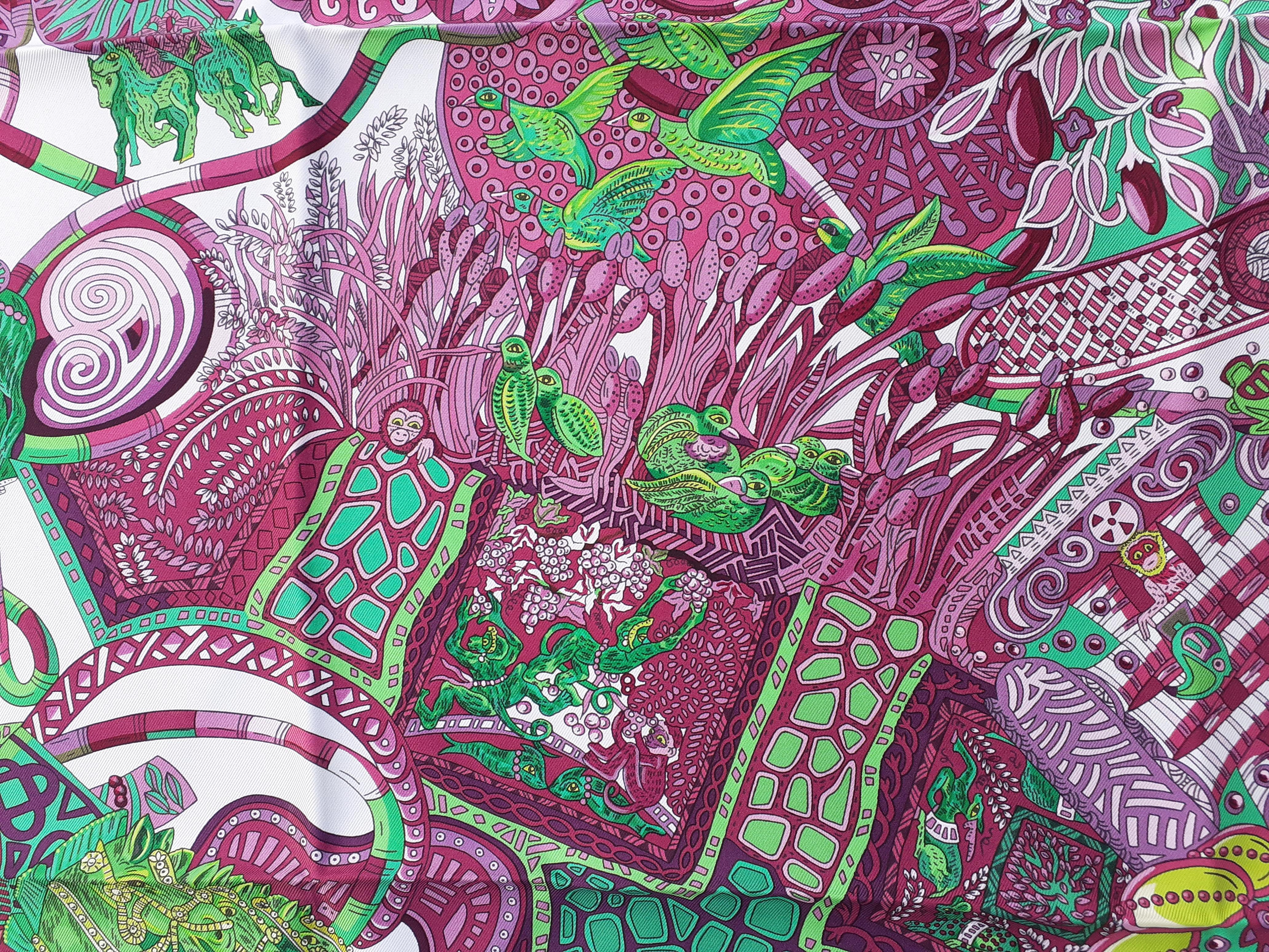 Hermès Silk Scarf Au Fil du Carré Annie Faivre White Purple Green 35 inches Rare 6