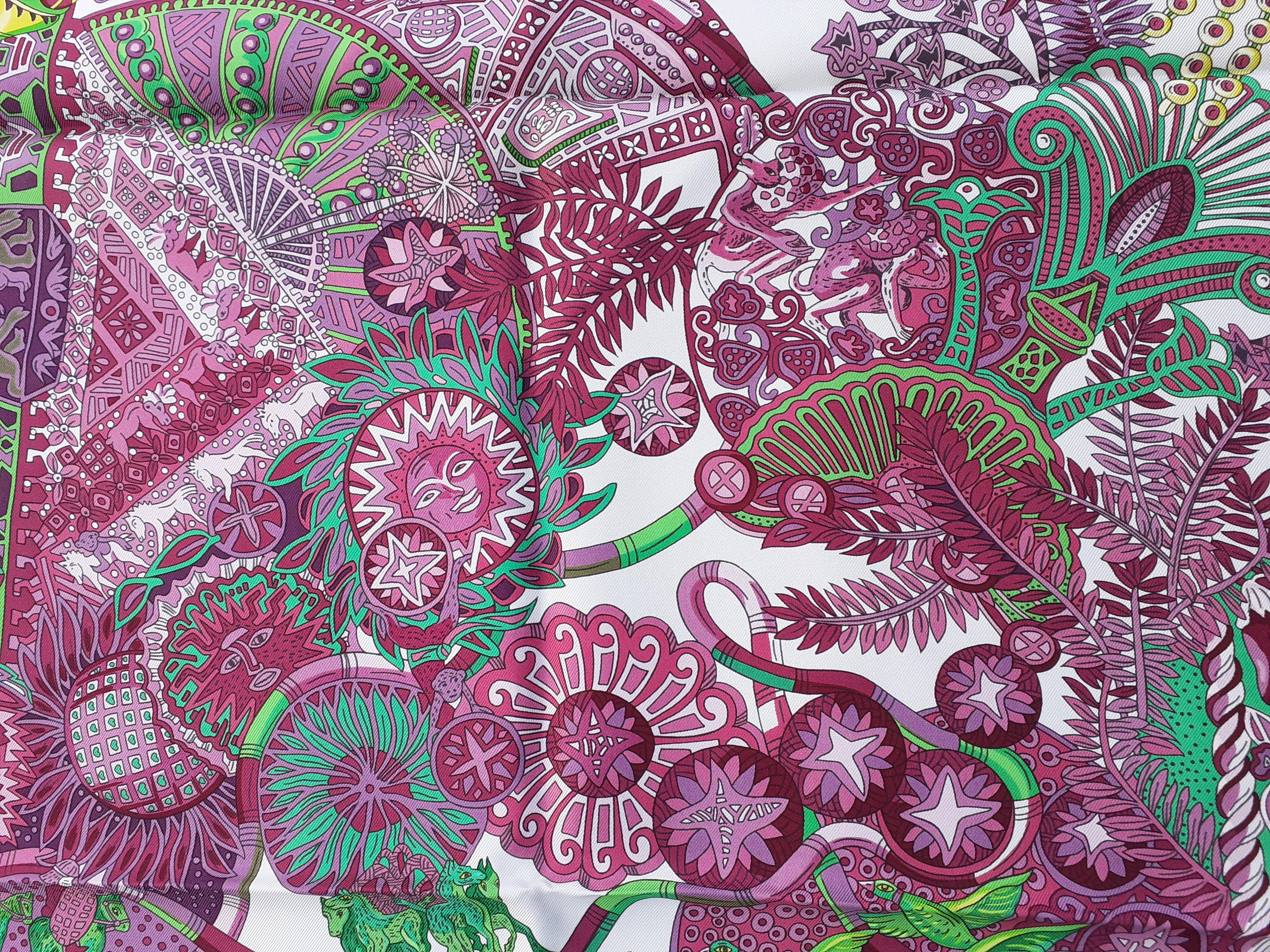 Hermès Silk Scarf Au Fil du Carré Annie Faivre White Purple Green 35 inches Rare 7