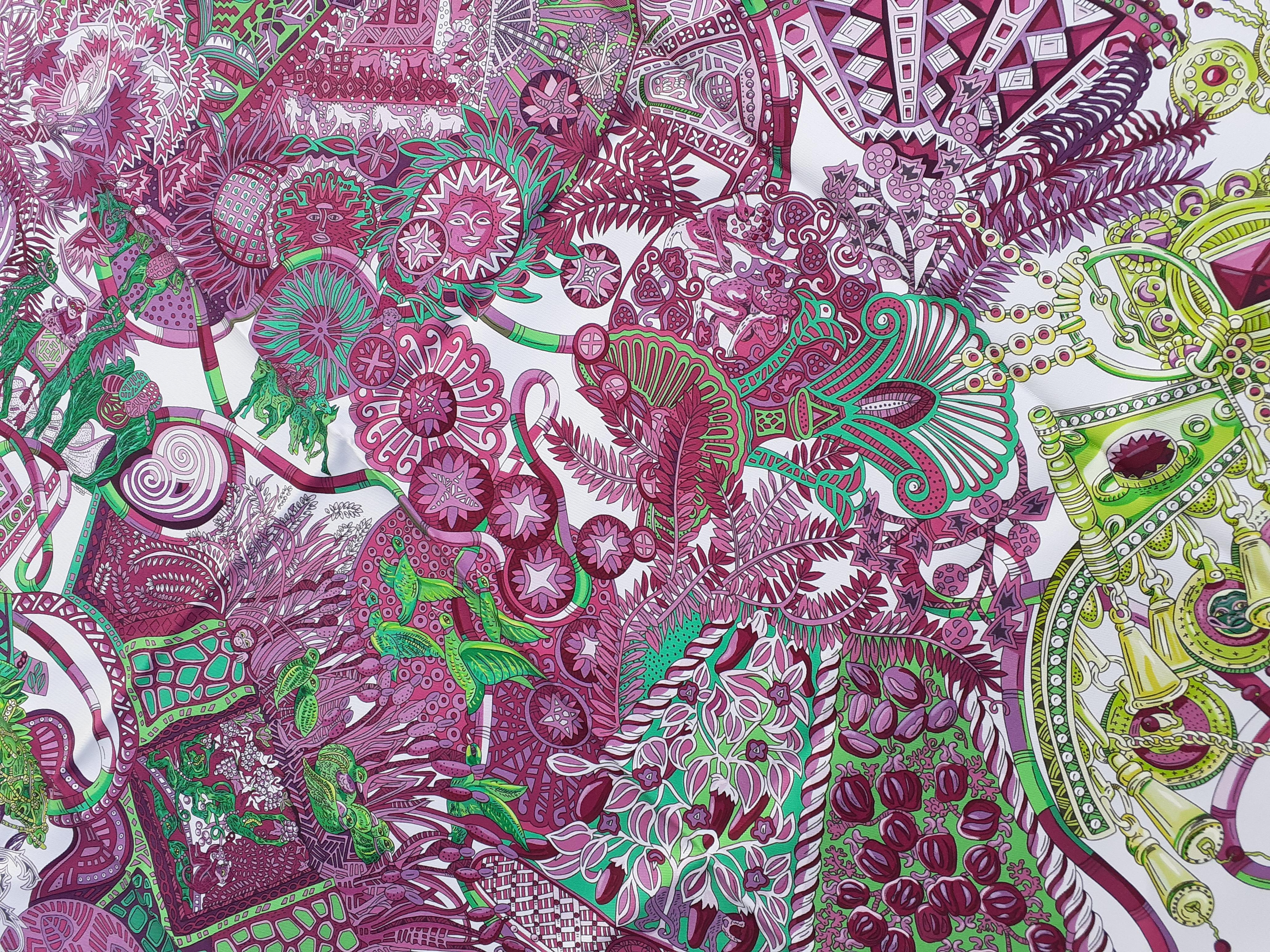 Hermès Silk Scarf Au Fil du Carré Annie Faivre White Purple Green 35 inches Rare 9