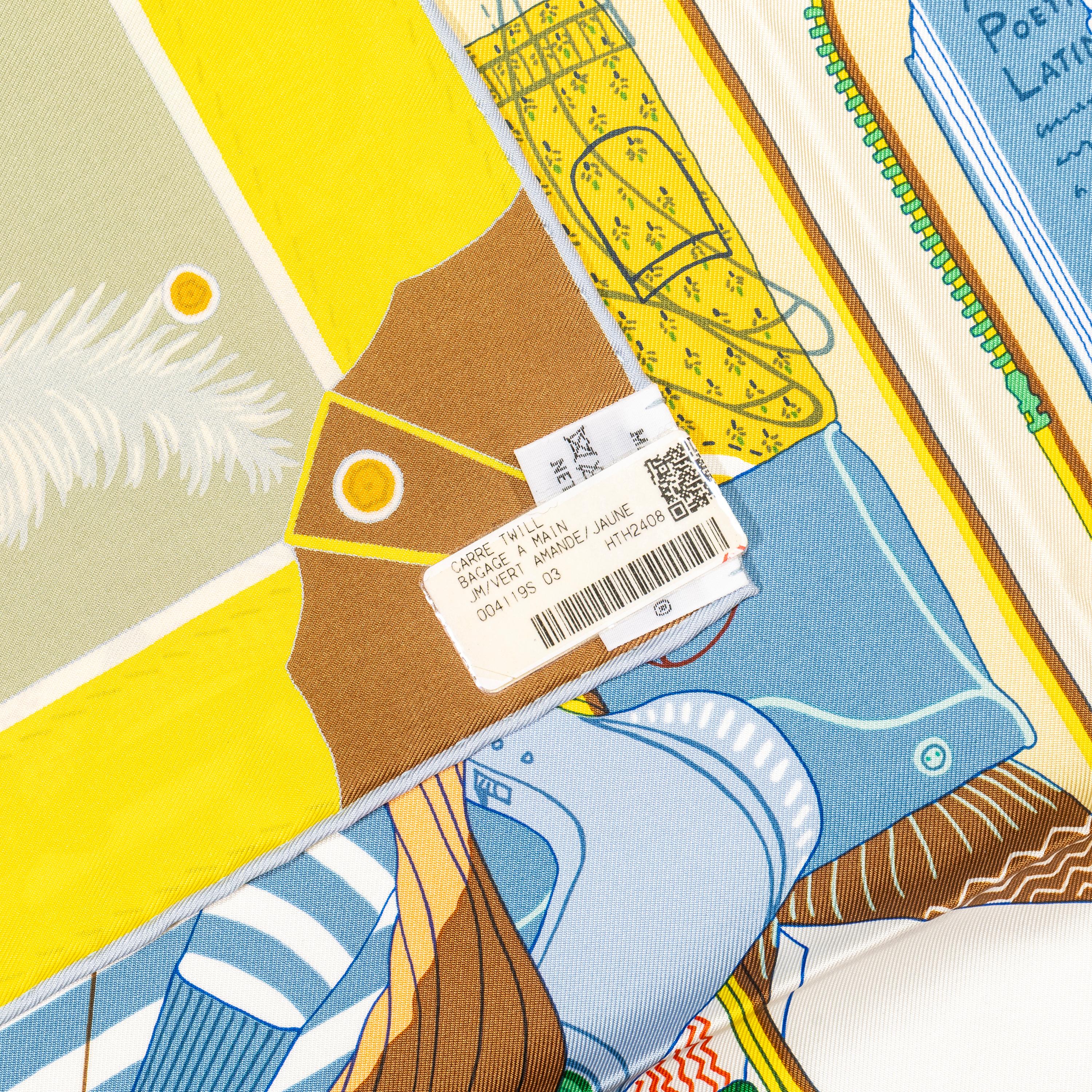 Bagage a Main - Vert Amande Jaune - NWST- 2511041800

Brand: Hermès
Type/Model: Scarf 90 Silk Twill
Name Design: Bagage à Main, Hand Luggage
Artist: Rosa Maria Unda Souki
Size: 90 cm x 90 cm / 35 in x 35 in
Color: Vert Amande (Almond Green), Jaune