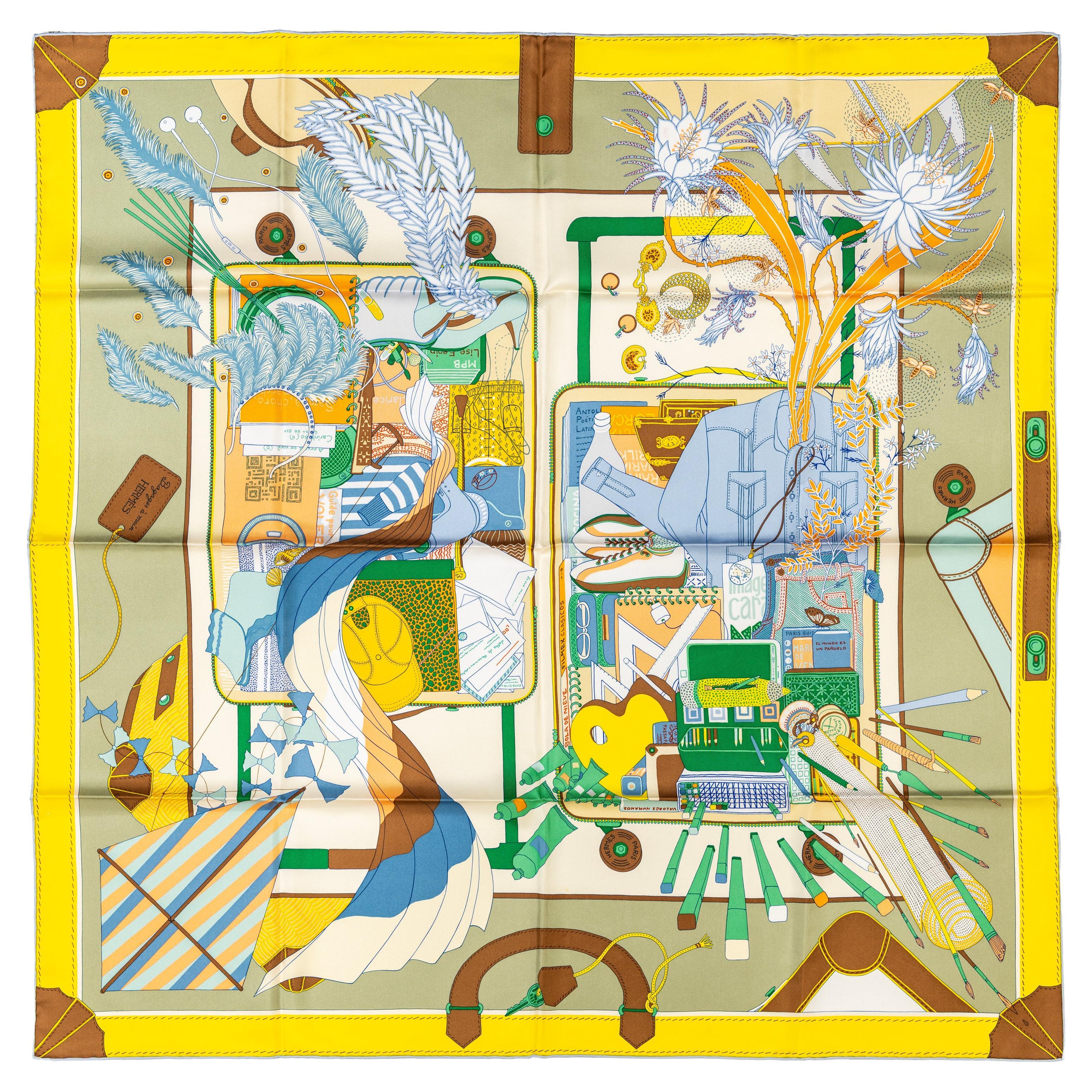 Hermes Silk Scarf Bagage a Main - Vert Amande Jaune - New With Tag en venta