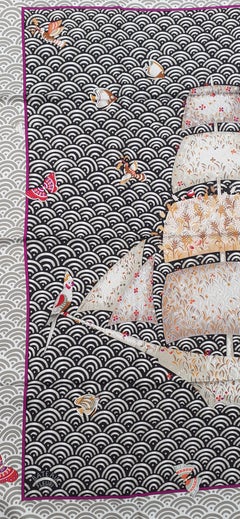 Hermès Silk Scarf Bateau Fleuri Ljubomir Milinkov Grey Pink 90 cm