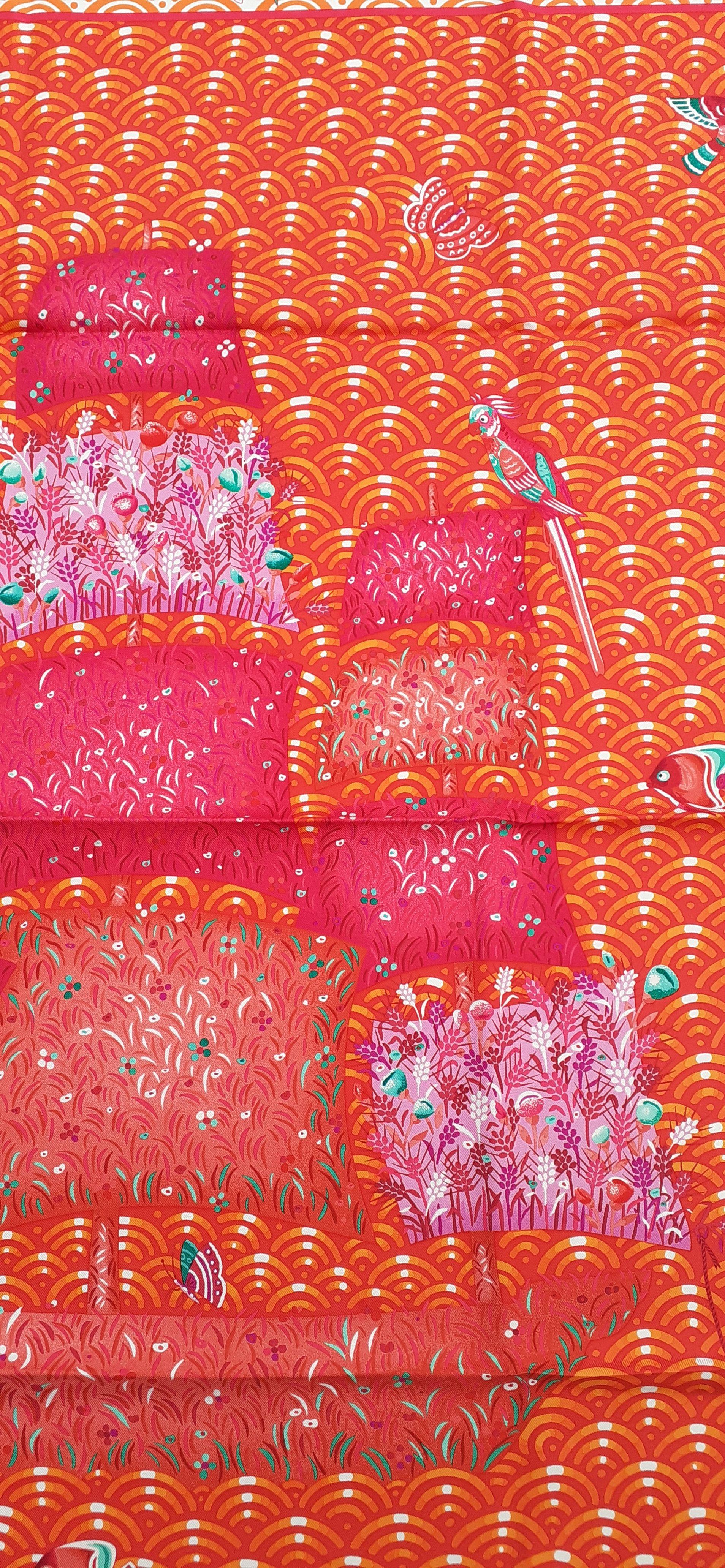 Hermès Silk Scarf Bateau Fleuri Ljubomir Milinkov Orange Pink 90 cm For Sale 1